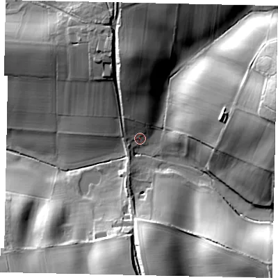 Shaded relief map of the ground around GU59JG, computed from Environment Agency LiDAR. The ground here sits at about 88 m above sea level and falls 42 m across the surrounding 800 m. Surface water reaching this point runs off ground lying to the east-north-east, 35.5 m higher.