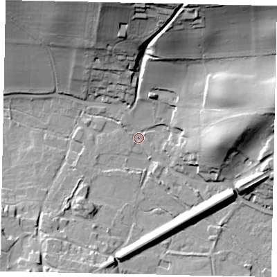 Shaded relief map of the ground around GU59LA, computed from Environment Agency LiDAR. The ground here sits at about 78 m above sea level and falls 40 m across the surrounding 800 m. Surface water reaching this point runs off ground lying to the north-north-east, 35.7 m higher.
