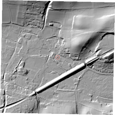 Shaded relief map of the ground around GU59LB, computed from Environment Agency LiDAR. The ground here sits at about 81 m above sea level and falls 33 m across the surrounding 800 m. Surface water reaching this point runs off ground lying to the east-north-east, 26.0 m higher.