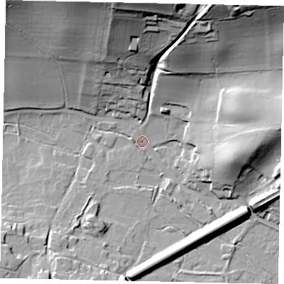 Shaded relief map of the ground around GU59LD, computed from Environment Agency LiDAR. The ground here sits at about 79 m above sea level and falls 47 m across the surrounding 800 m. Surface water reaching this point runs off ground lying to the north, 44.9 m higher.