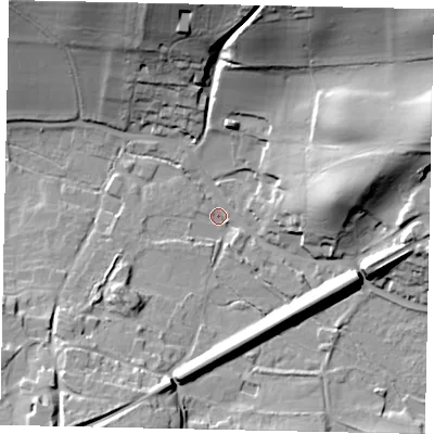 Shaded relief map of the ground around GU59LJ, computed from Environment Agency LiDAR. The ground here sits at about 78 m above sea level and falls 33 m across the surrounding 800 m. Surface water reaching this point runs off ground lying to the east-north-east, 27.3 m higher.