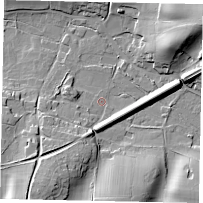 Shaded relief map of the ground around GU59LL, computed from Environment Agency LiDAR. The ground here sits at about 82 m above sea level and falls 31 m across the surrounding 800 m. Surface water reaching this point runs off ground lying to the south-west, 21.3 m higher.
