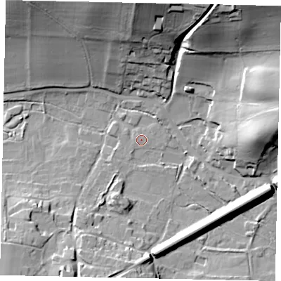Shaded relief map of the ground around GU59NB, computed from Environment Agency LiDAR. The ground here sits at about 79 m above sea level and falls 37 m across the surrounding 800 m. The ground contributing surface water to this point lies to the south-west.
