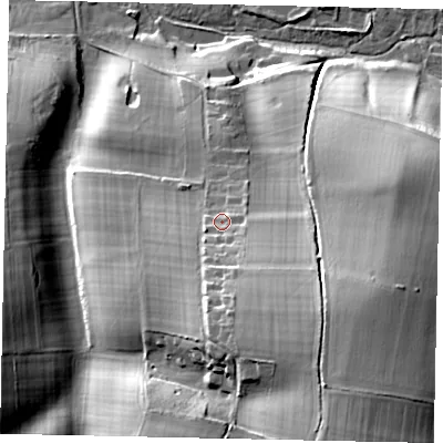 Shaded relief map of the ground around GU59NZ, computed from Environment Agency LiDAR. The ground here sits at about 104 m above sea level and falls 42 m across the surrounding 800 m. Surface water reaching this point runs off ground lying to the south-south-east, 13.5 m higher.