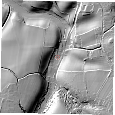 Shaded relief map of the ground around GU59RG, computed from Environment Agency LiDAR. The ground here sits at about 111 m above sea level and falls 45 m across the surrounding 800 m. Surface water reaching this point runs off ground lying to the south-east, 34.7 m higher.