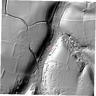 Shaded relief map of the ground around GU59RJ, computed from Environment Agency LiDAR. The ground here sits at about 117 m above sea level and falls 44 m across the surrounding 800 m. Surface water reaching this point runs off ground lying to the south-south-east, 37.0 m higher.