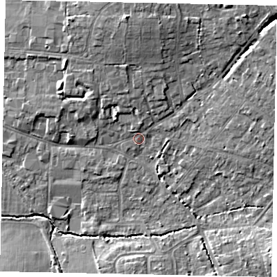 Shaded relief map of the ground around GU67AA, computed from Environment Agency LiDAR. The ground here sits at about 56 m above sea level and falls 11 m across the surrounding 800 m. Surface water reaching this point runs off ground lying to the north, 1.4 m higher.