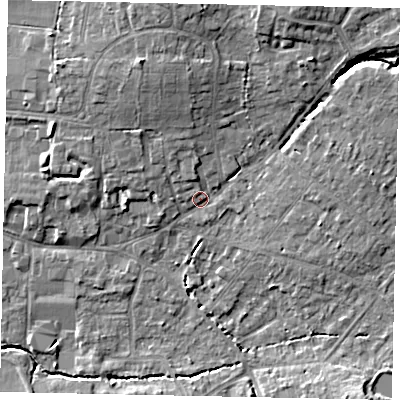 Shaded relief map of the ground around GU67AE, computed from Environment Agency LiDAR. The ground here sits at about 57 m above sea level and falls 13 m across the surrounding 800 m. Surface water reaching this point runs off ground lying to the north-north-east, 7.4 m higher.