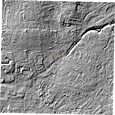 Shaded relief map of the ground around GU67AG, computed from Environment Agency LiDAR. The ground here sits at about 57 m above sea level and falls 14 m across the surrounding 800 m. Surface water reaching this point runs off ground lying to the north-north-east, 8.5 m higher.