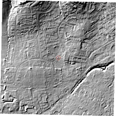 Shaded relief map of the ground around GU67AH, computed from Environment Agency LiDAR. The ground here sits at about 61 m above sea level and falls 21 m across the surrounding 800 m. Surface water reaching this point runs off ground lying to the north-north-east, 15.7 m higher.