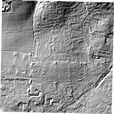 Shaded relief map of the ground around GU67AJ, computed from Environment Agency LiDAR. The ground here sits at about 61 m above sea level and falls 20 m across the surrounding 800 m. Surface water reaching this point runs off ground lying to the north-north-east, 1.2 m higher.