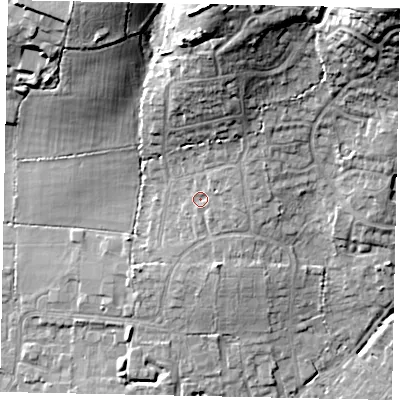 Shaded relief map of the ground around GU67AL, computed from Environment Agency LiDAR. The ground here sits at about 61 m above sea level and falls 25 m across the surrounding 800 m. Surface water reaching this point runs off ground lying to the east-north-east, 1.5 m higher.