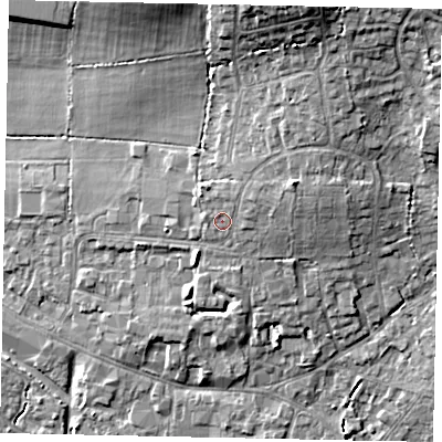 Shaded relief map of the ground around GU67AN, computed from Environment Agency LiDAR. The ground here sits at about 59 m above sea level and falls 17 m across the surrounding 800 m. Surface water reaching this point runs off ground lying to the north-east, 3.8 m higher.