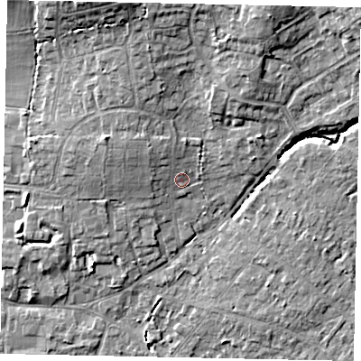 Shaded relief map of the ground around GU67AQ, computed from Environment Agency LiDAR. The ground here sits at about 59 m above sea level and falls 14 m across the surrounding 800 m. Surface water reaching this point runs off ground lying to the north-west, 2.5 m higher.
