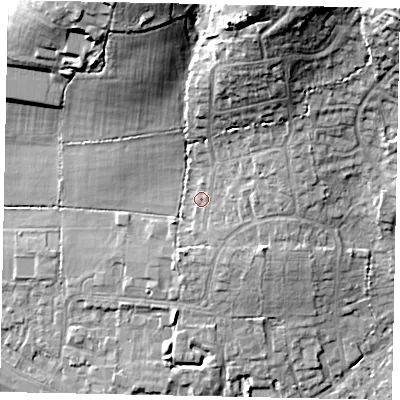 Shaded relief map of the ground around GU67AR, computed from Environment Agency LiDAR. The ground here sits at about 60 m above sea level and falls 24 m across the surrounding 800 m. Surface water reaching this point runs off ground lying to the north-north-east, 16.2 m higher.