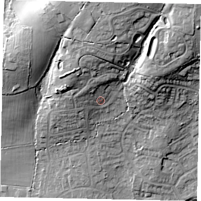 Shaded relief map of the ground around GU67AX, computed from Environment Agency LiDAR. The ground here sits at about 70 m above sea level and falls 27 m across the surrounding 800 m. Surface water reaching this point runs off ground lying to the north-north-west, 10.6 m higher.