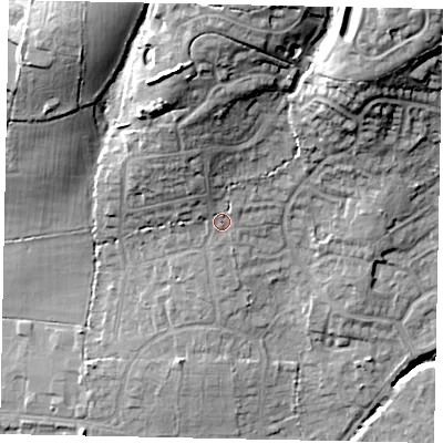 Shaded relief map of the ground around GU67AZ, computed from Environment Agency LiDAR. The ground here sits at about 64 m above sea level and falls 27 m across the surrounding 800 m. Surface water reaching this point runs off ground lying to the north-north-west, 9.6 m higher.