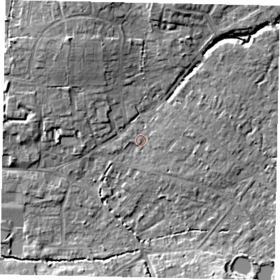 Shaded relief map of the ground around GU67BA, computed from Environment Agency LiDAR. The ground here sits at about 57 m above sea level and falls 12 m across the surrounding 800 m. Surface water reaching this point runs off ground lying to the east-north-east, 2.3 m higher.