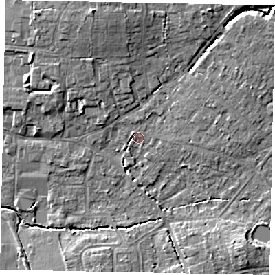 Shaded relief map of the ground around GU67BG, computed from Environment Agency LiDAR. The ground here sits at about 56 m above sea level and falls 11 m across the surrounding 800 m. Surface water reaching this point runs off ground lying to the east-north-east, 3.1 m higher.