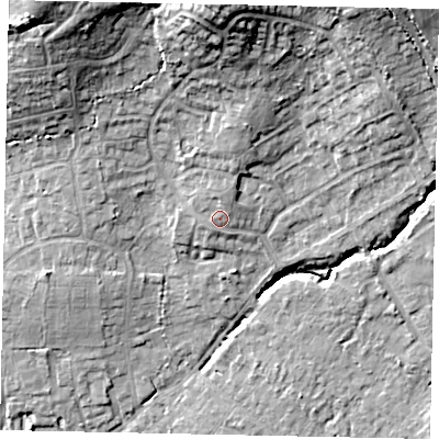 Shaded relief map of the ground around GU67BL, computed from Environment Agency LiDAR. The ground here sits at about 63 m above sea level and falls 22 m across the surrounding 800 m. Surface water reaching this point runs off ground lying to the north, 1.3 m higher.