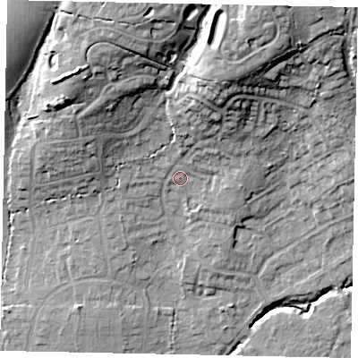 Shaded relief map of the ground around GU67BP, computed from Environment Agency LiDAR. The ground here sits at about 65 m above sea level and falls 27 m across the surrounding 800 m. Surface water reaching this point runs off ground lying to the north, 2.3 m higher.