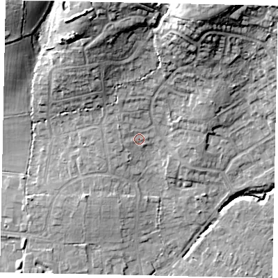 Shaded relief map of the ground around GU67BS, computed from Environment Agency LiDAR. The ground here sits at about 62 m above sea level and falls 24 m across the surrounding 800 m. Surface water reaching this point runs off ground lying to the north, 2.3 m higher.