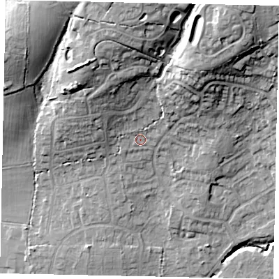 Shaded relief map of the ground around GU67BT, computed from Environment Agency LiDAR. The ground here sits at about 65 m above sea level and falls 27 m across the surrounding 800 m. Surface water reaching this point runs off ground lying to the north-east, 18.0 m higher.