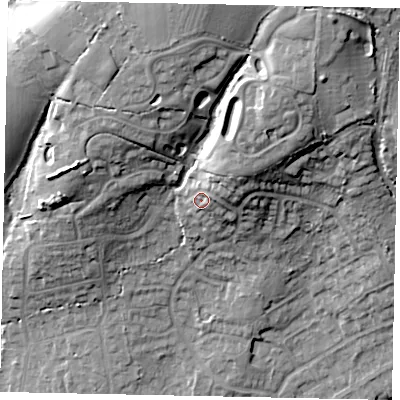 Shaded relief map of the ground around GU67DF, computed from Environment Agency LiDAR. The ground here sits at about 73 m above sea level and falls 26 m across the surrounding 800 m. Surface water reaching this point runs off ground lying to the north-east, 8.0 m higher.