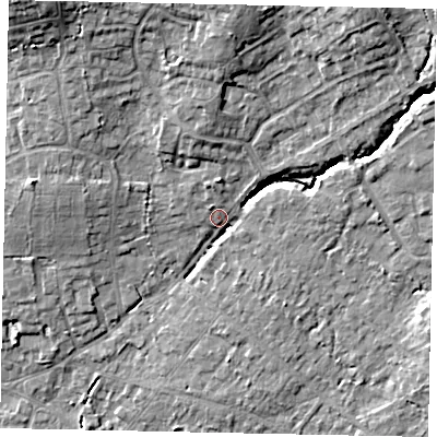 Shaded relief map of the ground around GU67EB, computed from Environment Agency LiDAR. The ground here sits at about 59 m above sea level and falls 15 m across the surrounding 800 m. Surface water reaching this point runs off ground lying to the north-east, 12.2 m higher.