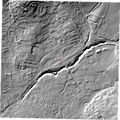 Shaded relief map of the ground around GU67ED, computed from Environment Agency LiDAR. The ground here sits at about 62 m above sea level and falls 22 m across the surrounding 800 m. Surface water reaching this point runs off ground lying to the north, 10.7 m higher.