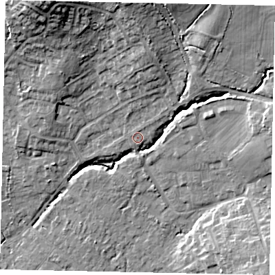Shaded relief map of the ground around GU67EF, computed from Environment Agency LiDAR. The ground here sits at about 63 m above sea level and falls 22 m across the surrounding 800 m. Surface water reaching this point runs off ground lying to the north-north-east, 2.8 m higher.