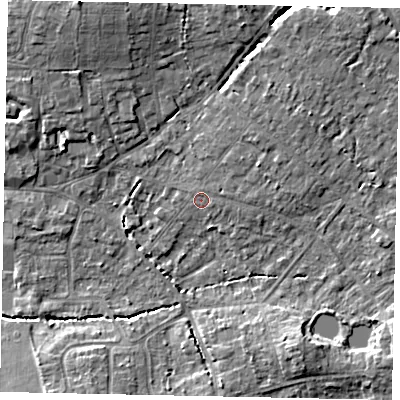 Shaded relief map of the ground around GU67HH, computed from Environment Agency LiDAR. The ground here sits at about 56 m above sea level and falls 10 m across the surrounding 800 m. Surface water reaching this point runs off ground lying to the north-east, 2.1 m higher.