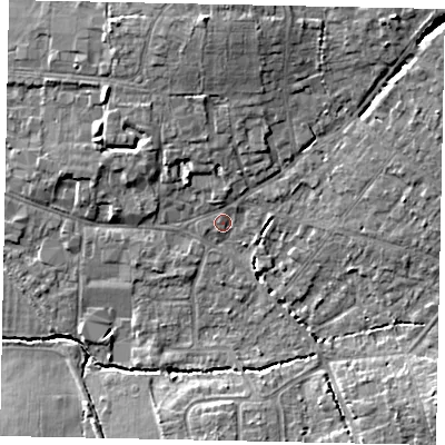 Shaded relief map of the ground around GU67HX, computed from Environment Agency LiDAR. The ground here sits at about 56 m above sea level and falls 11 m across the surrounding 800 m. Surface water reaching this point runs off ground lying to the north, 1.4 m higher.