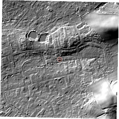 Shaded relief map of the ground around GU67JZ, computed from Environment Agency LiDAR. The ground here sits at about 59 m above sea level and falls 22 m across the surrounding 800 m. Surface water reaching this point runs off ground lying to the east-south-east, 18.9 m higher.