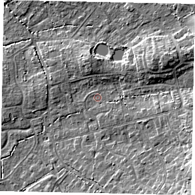 Shaded relief map of the ground around GU67LG, computed from Environment Agency LiDAR. The ground here sits at about 57 m above sea level and falls 12 m across the surrounding 800 m. Surface water reaching this point runs off ground lying to the east-south-east, 7.2 m higher.
