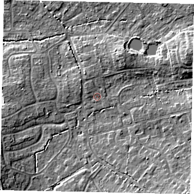 Shaded relief map of the ground around GU67NB, computed from Environment Agency LiDAR. The ground here sits at about 56 m above sea level and falls 11 m across the surrounding 800 m. Surface water reaching this point runs off ground lying to the east-north-east, 5.8 m higher.