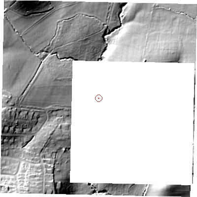 Shaded relief map of the ground around GU67QL, computed from Environment Agency LiDAR. and falls 27 m across the surrounding 800 m.