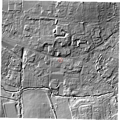 Shaded relief map of the ground around GU68AE, computed from Environment Agency LiDAR. The ground here sits at about 55 m above sea level and falls 13 m across the surrounding 800 m. Surface water reaching this point runs off ground lying to the north-north-east, 7.4 m higher.
