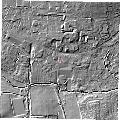 Shaded relief map of the ground around GU68AF, computed from Environment Agency LiDAR. The ground here sits at about 54 m above sea level and falls 12 m across the surrounding 800 m. Surface water reaching this point runs off ground lying to the north, 0.7 m higher.