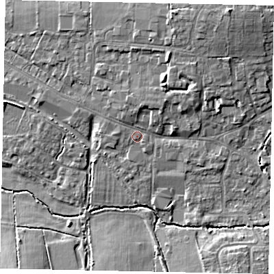 Shaded relief map of the ground around GU68AG, computed from Environment Agency LiDAR. The ground here sits at about 54 m above sea level and falls 13 m across the surrounding 800 m. Surface water reaching this point runs off ground lying to the north-east, 8.0 m higher.