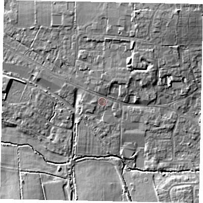Shaded relief map of the ground around GU68AH, computed from Environment Agency LiDAR. The ground here sits at about 54 m above sea level and falls 13 m across the surrounding 800 m. Surface water reaching this point runs off ground lying to the north-north-east, 2.3 m higher.
