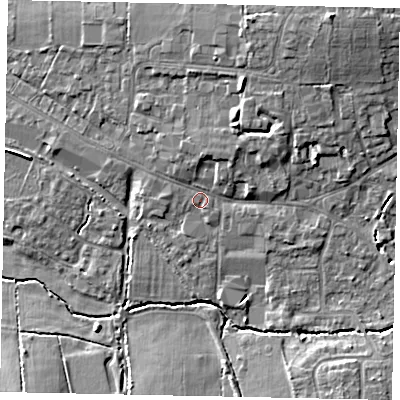 Shaded relief map of the ground around GU68AQ, computed from Environment Agency LiDAR. The ground here sits at about 54 m above sea level and falls 13 m across the surrounding 800 m. Surface water reaching this point runs off ground lying to the north-east, 8.0 m higher.