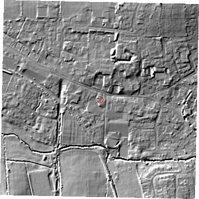 Shaded relief map of the ground around GU68AT, computed from Environment Agency LiDAR. The ground here sits at about 54 m above sea level and falls 13 m across the surrounding 800 m. Surface water reaching this point runs off ground lying to the north-north-east, 7.7 m higher.