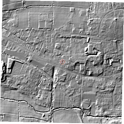 Shaded relief map of the ground around GU68AU, computed from Environment Agency LiDAR. The ground here sits at about 55 m above sea level and falls 14 m across the surrounding 800 m. Surface water reaching this point runs off ground lying to the east-north-east, 1.7 m higher.