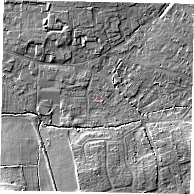 Shaded relief map of the ground around GU68BA, computed from Environment Agency LiDAR. The ground here sits at about 54 m above sea level and falls 9 m across the surrounding 800 m. Surface water reaching this point runs off ground lying to the north-east, 5.8 m higher.
