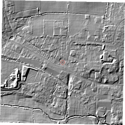 Shaded relief map of the ground around GU68BB, computed from Environment Agency LiDAR. The ground here sits at about 54 m above sea level and falls 13 m across the surrounding 800 m. Surface water reaching this point runs off ground lying to the north-east, 7.4 m higher.