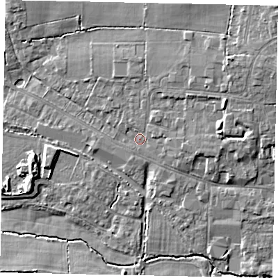 Shaded relief map of the ground around GU68BD, computed from Environment Agency LiDAR. The ground here sits at about 54 m above sea level and falls 13 m across the surrounding 800 m. Surface water reaching this point runs off ground lying to the north-east, 7.6 m higher.