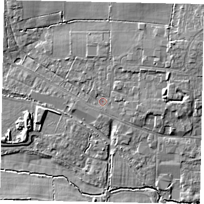 Shaded relief map of the ground around GU68BE, computed from Environment Agency LiDAR. The ground here sits at about 54 m above sea level and falls 13 m across the surrounding 800 m. Surface water reaching this point runs off ground lying to the north-east, 7.4 m higher.