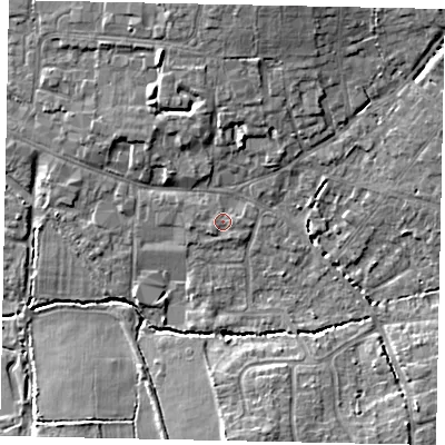 Shaded relief map of the ground around GU68BF, computed from Environment Agency LiDAR. The ground here sits at about 55 m above sea level and falls 11 m across the surrounding 800 m. Surface water reaching this point runs off ground lying to the north-east, 2.3 m higher.