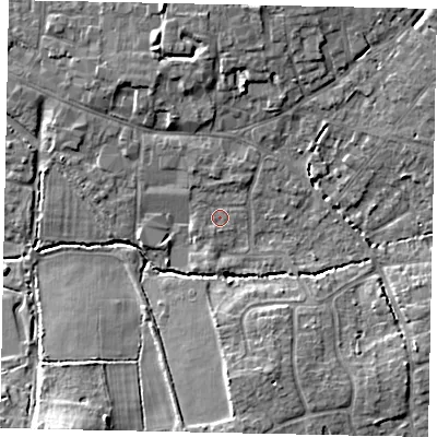 Shaded relief map of the ground around GU68BH, computed from Environment Agency LiDAR. The ground here sits at about 54 m above sea level and falls 11 m across the surrounding 800 m. Surface water reaching this point runs off ground lying to the north-north-east, 1.8 m higher.